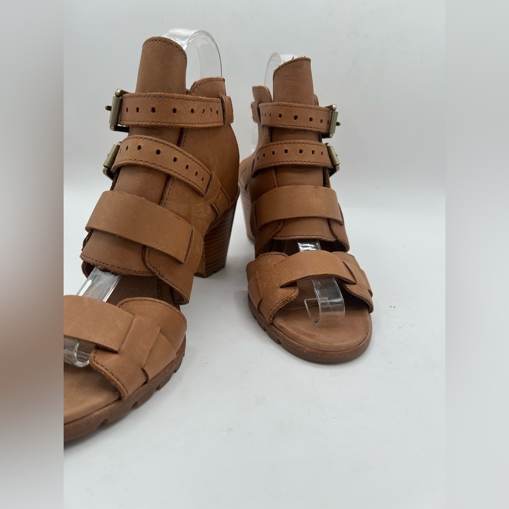 NEW Sorel Nadia Buckle Heel Sandal Camel Brown Leather Boho Chunky Size 8.5 - Picture 10 of 13